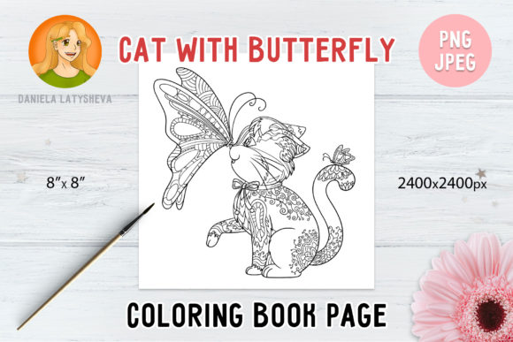 Download Coloring Book Page Cat with Butterfly - Premium Resources